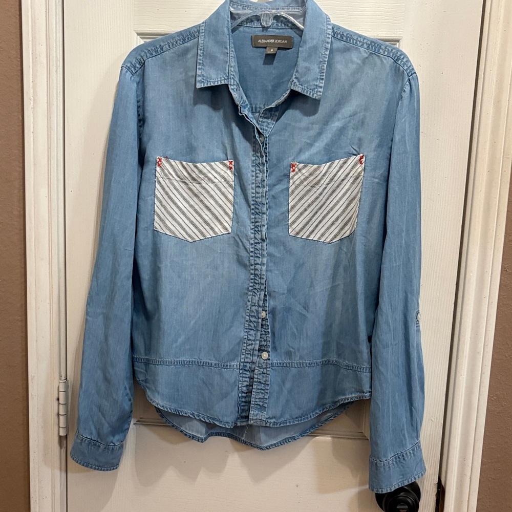 Alexander Jordan Light Blue Chambray Shirt with Striped Pockets